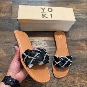 NEW‎ Yoki Alabama Braided Rhinestone Flat Slip-On Faux Leather Sandal Womens 8.5